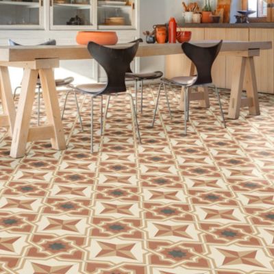 Sol Vinyle Kitchen - Carreaux de ciment seventies - Beige et terracotta - Rouleau de 2m x 15m