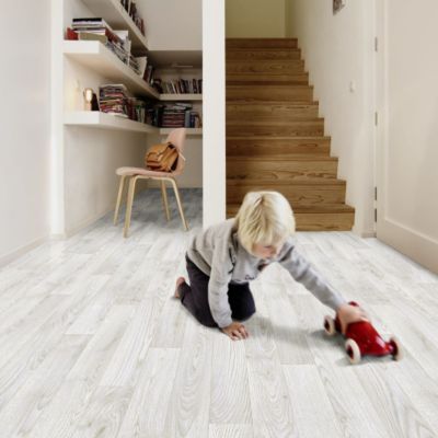 Sol Vinyle Link - Imitation parquet blanc veinage gris - Rouleau de 4m x 2m