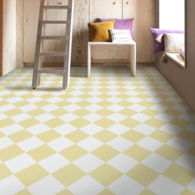Sol Vinyle pastel Happy Days - Carrelage blanc et jaune moutarde - Rouleau de 2m x 15m