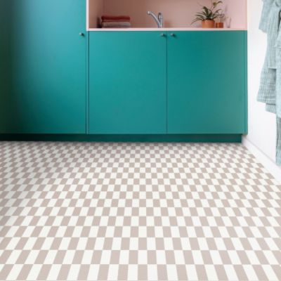 Sol Vinyle pastel Happy Days - Carrelage blanc et rose tendre - Rouleau de 2m x 7m