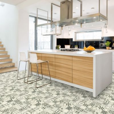 Sol Vinyle Style - Carreaux de ciment effet vieilli - Noir et blanc - Rouleau de 4m x 11m