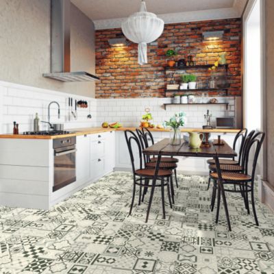 Sol Vinyle Style - Carreaux de ciment effet vieilli - Noir et blanc - Rouleau de 4m x 11m