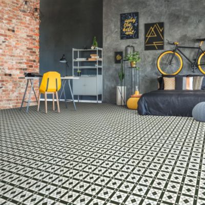 Sol Vinyle Style - Carreaux de ciment graphique - Noir et blanc - Rouleau de 4m x 14m