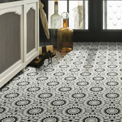 Sol Vinyle Style - Carreaux de ciment motif mosaïque noir - Rouleau de 3m x 9m