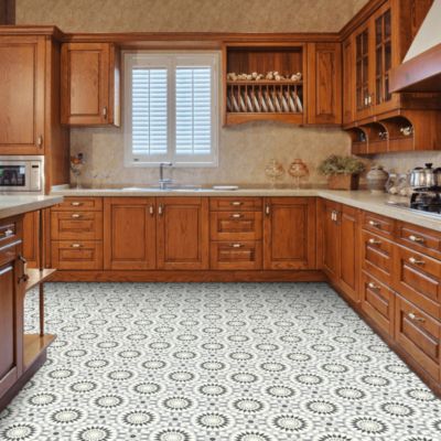 Sol Vinyle Style - Carreaux de ciment motif mosaïque noir - Rouleau de 3m x 9m