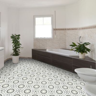 Sol Vinyle Style - Carreaux de ciment motif mosaïque noir - Rouleau de 3m x 9m