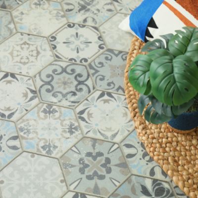 Sol Vinyle Textile - Black Edition 3D - Carrelage hexagonal ancien - Rouleau de 2m x 12m