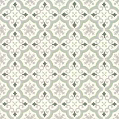 Sol Vinyle Textile économique - Effet carreaux de ciment arabesques - Vert et gris - Rouleau de 3m x 18m