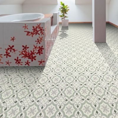 Sol Vinyle Textile économique - Effet carreaux de ciment arabesques - Vert et gris - Rouleau de 3m x 18m