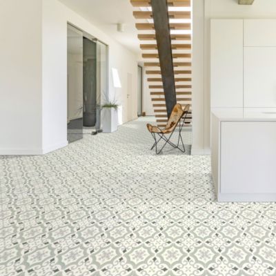 Sol Vinyle Textile économique - Effet carreaux de ciment arabesques - Vert et gris - Rouleau de 3m x 18m
