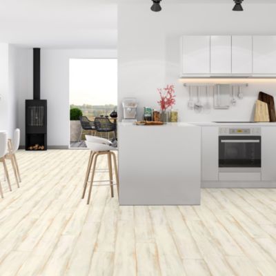 Sol Vinyle Textile économique - Parquet bois peint patiné - Crème - Rouleau de 4m x 15m