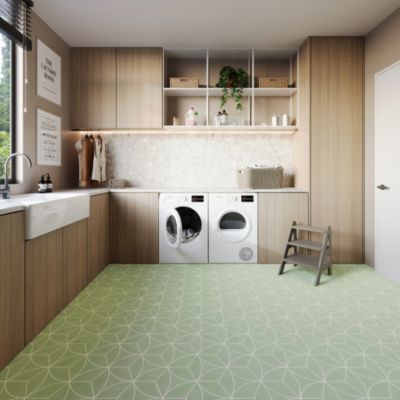 Sol Vinyle Textile économique - Rosace géométrique - Vert d'eau - Rouleau de 3m x 13m