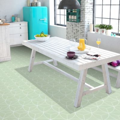Sol Vinyle Textile économique - Rosace géométrique - Vert d'eau - Rouleau de 3m x 13m