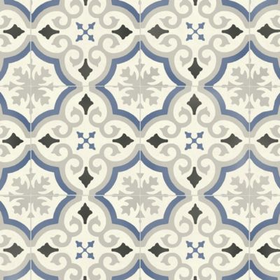 Sol Vinyle Textile Rénove - Effet carreaux de ciment arabesques - Bleu et gris - Rouleau de 3m x 7m