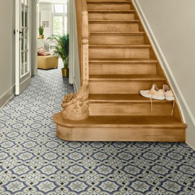 Sol Vinyle Textile Rénove - Effet carreaux de ciment arabesques - Bleu et gris - Rouleau de 3m x 7m