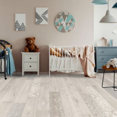 Sol Vinyle Textile - Relief 3D - Imprimé parquet clair effet pochoir volutes - Rouleau de 2m x 24m