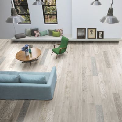 Sol Vinyle Textile - Relief 3D - Imprimé parquet clair effet pochoir volutes - Rouleau de 2m x 24m