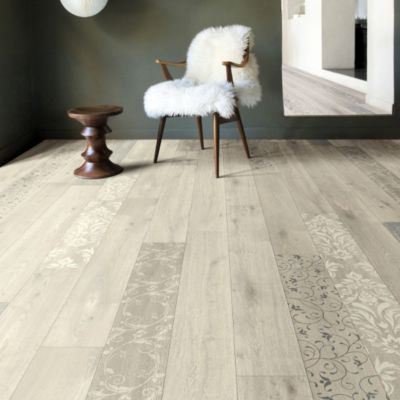 Sol Vinyle Textile - Relief 3D - Imprimé parquet clair effet pochoir volutes - Rouleau de 2m x 24m
