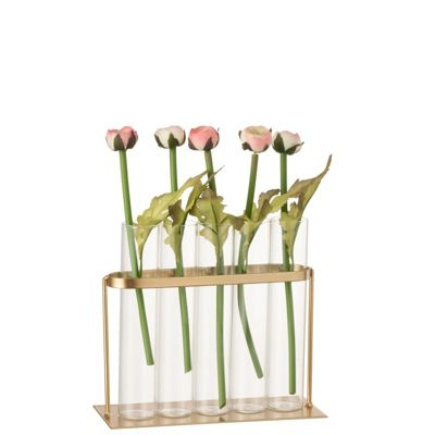 Soliflore 5 tubes verre en métal doré 17x7x15 cm