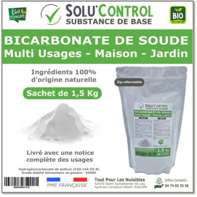 SOLU'CONTROL - 1,5 Kg de Bicarbonate de Soude Multi Usages, Maison et Jardin, 100% Naturel, Sachet Zip refermable