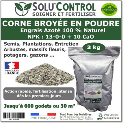SOLU'CONTROL - 3 kg Corne Broyée Poudre - Formulation haute qualité Organo-Minerale - Engrais Azoté 100% Naturel