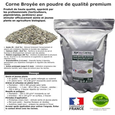 SOLU'CONTROL - 3 kg Corne Broyée Poudre - Formulation haute qualité Organo-Minerale - Engrais Azoté 100% Naturel