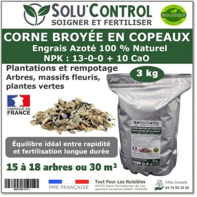 SOLU'CONTROL - 3 kg Corne Broyee en Copeaux - Engrais Azote Naturel - Fertilisation Equilibrée - Arbustes Haies Massifs