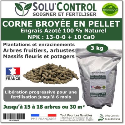 SOLU'CONTROL - 3 kg de Corne Broyée en Pellet - Formulation haute qualité Organo-Minerale - Engrais Azoté Naturel