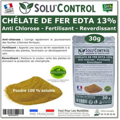 SOLU'CONTROL - Chélate de Fer EDTA 13%, Anti-chlorose, Fertilisant, Reverdissant, 30g