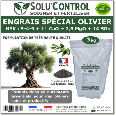 SOLU'CONTROL - Engrais Spécial Olivier 3 kg - Formulation haute qualité Organo-Minerale - NPK 5-4-9 - UAB