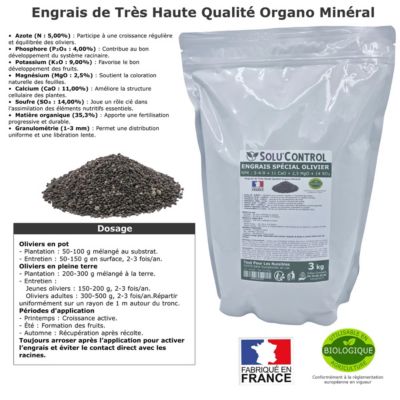 SOLU'CONTROL - Engrais Spécial Olivier 3 kg - Formulation haute qualité Organo-Minerale - NPK 5-4-9 - UAB
