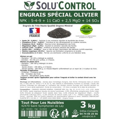 SOLU'CONTROL - Engrais Spécial Olivier 3 kg - Formulation haute qualité Organo-Minerale - NPK 5-4-9 - UAB