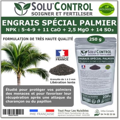 SOLU'CONTROL - Engrais Spécial Palmier 250 g - Formulation haute qualité Organo-Minerale - Charançon rouge, papillon du palmier