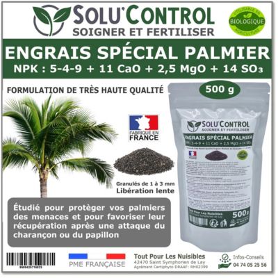 SOLU'CONTROL - Engrais Spécial Palmier 500 g - Formulation haute qualité Organo-Minerale - Charançon rouge, papillon du palmier