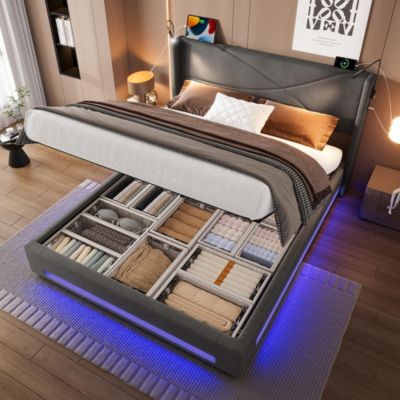 Sommier 160x200 cm, 2 lampes, LED, rangement hydraulique, USB - moderne