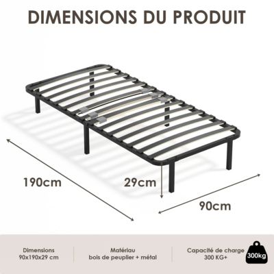Sommier cadre à lattes 90x190 cm, 1x14 rangs,6 repose-pieds