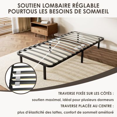 Sommier cadre à lattes 90x190 cm, 1x14 rangs,6 repose-pieds
