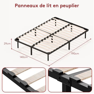 Sommier à Lattes 140x190 cm , Lit 2x14 Lattes,9 Pieds Inclus
