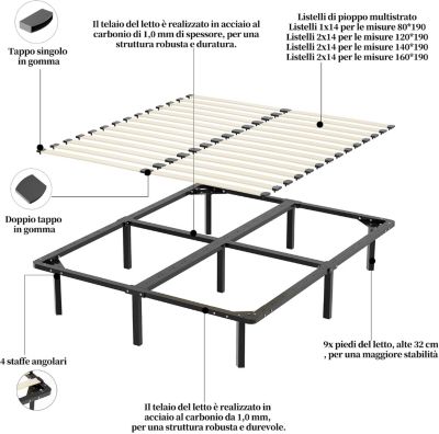 Sommier à Lattes 140x190 cm , Lit 2x14 Lattes,9 Pieds Inclus