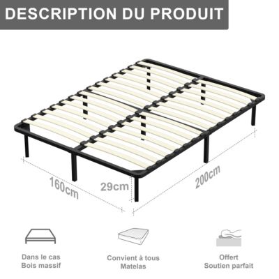 Sommier à Lattes sur Pieds,7 Pieds Inclus, Lit 2x14 Latte,160x200 CM