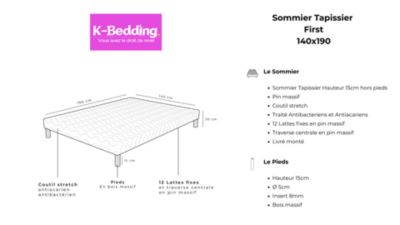 Sommier Tapissier First 140x190 cm Hauteur 30 cm 12 Lattes Fixes Pin Massif 4 Pieds Offerts Fabrication Française