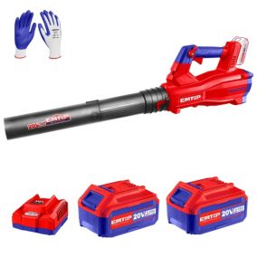 Souffleur à batterie brushless EMTOP 20V avec 1 chargeur 4A + 2 batteries lithium-ion 4.0Ah + Gant picots PVC