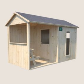 SOULET Cabane en Bois pour Enfants Jazz Avec Préau Table et Banc PlancherToiture Feutre Bitumeux Porte 3 Fenêtres