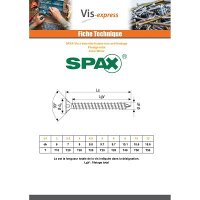 Spax Vis bois Tête fraisée TORX T20 4.5X30 Filetage total WIROX - 1 pièce
