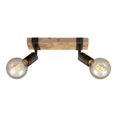 Spot 2 flammes avec base en bois - IP20 - 280x100x90mm - Gunmetal - E27 max. 25W - têtes orientables - sans ampoules - Briloner