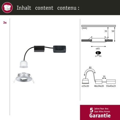 Spot encastré LED Nova Mini Coin Kit de base fixe IP44 rond 65 mm Coin 3x4W 3x310lm 230V 2700K Chrome