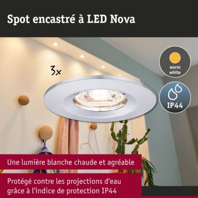 Spot encastré LED Nova Mini Coin Kit de base fixe IP44 rond 65 mm Coin 3x4W 3x310lm 230V 2700K Chrome