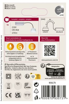 Spot encastré modulaire LED Smart Home Zigbee 3.0 Blanc chaud Coin Kit de 1 rond 51 mm Coin 6W 470lm 230V gradable 2700K Satiné