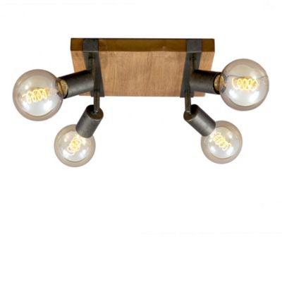 Spot LED 4-flammes avec base bois - IP20 - 280x280x90mm - métal gunmetal - E27 max. 25W - orientables et pivotants - Briloner