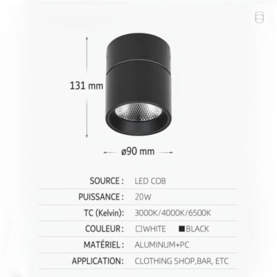 Spot LED en Saillie Orientable 20W CCT(3000K - 4000K - 6500K), rotatif à 360 degrés - Noir